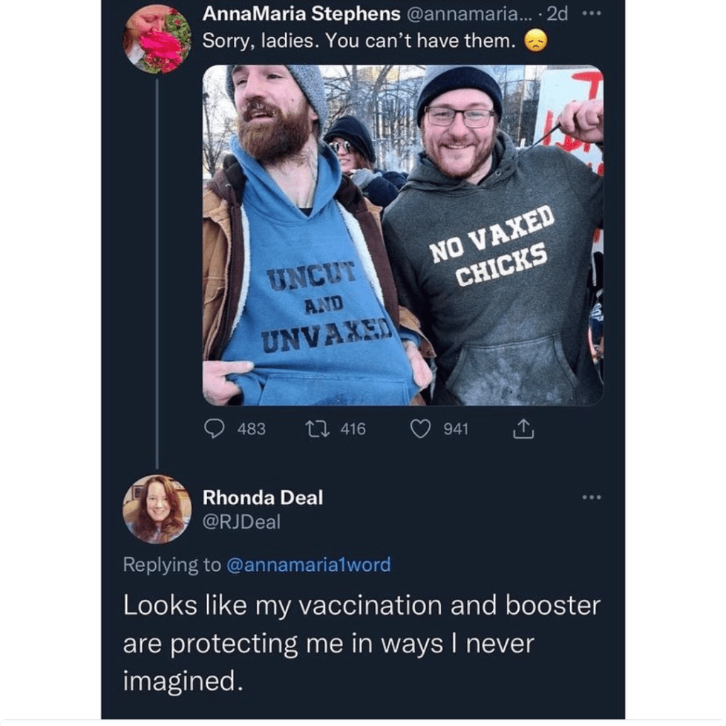 Instagram post of two male individuals. One wearing a blue hoodie with text stating "uncut and unvaxed." the other male wearing a dark gray hoodie with text stating "no vaxed chicks". Original poster states "Sorry, ladies. You can't have them. [sad emoji face]" Commenter states, "looks like my vaccination and booster are protecting me in ways I never imagined."